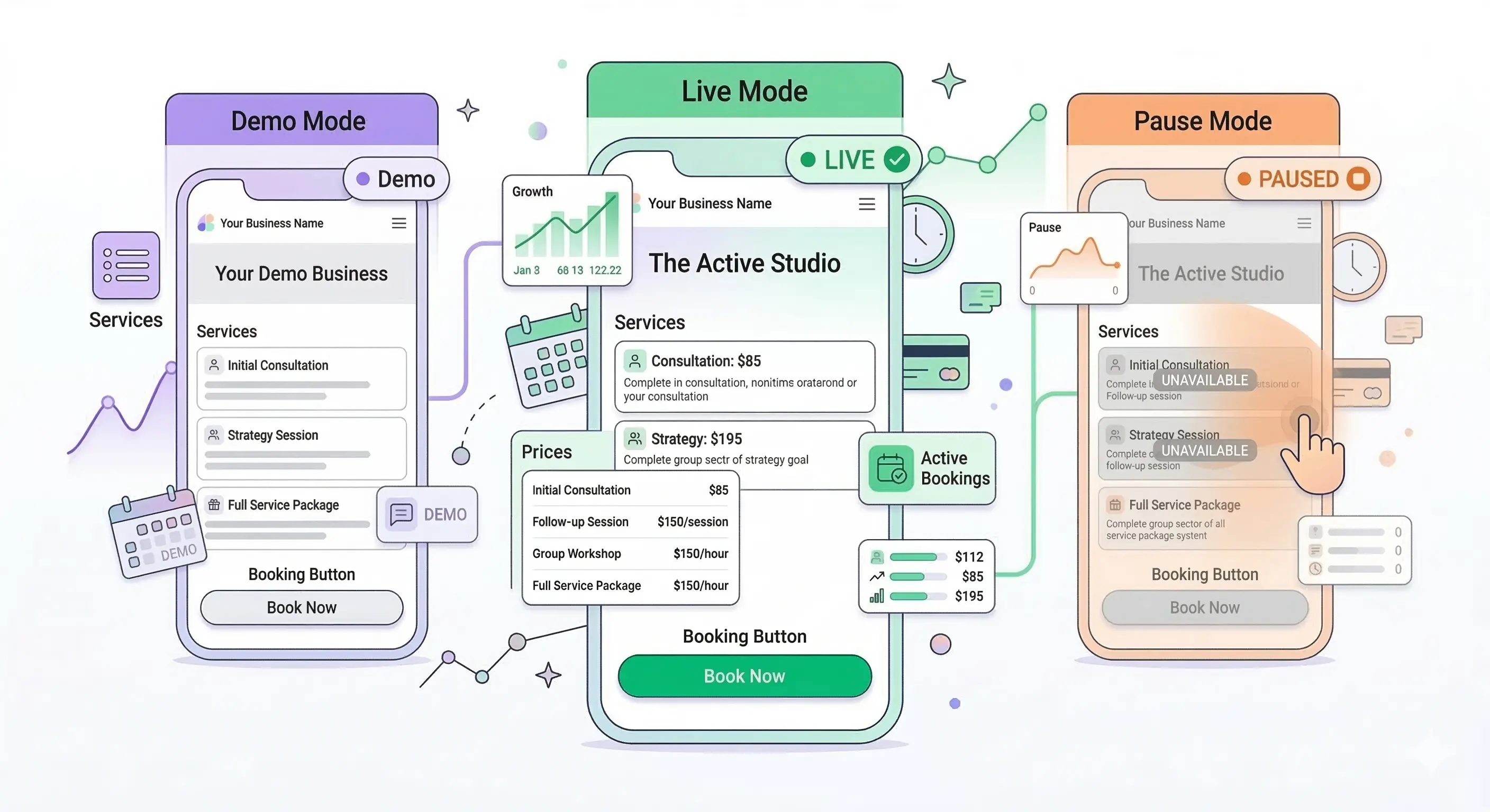 режимы demo live и pause для страницы записи